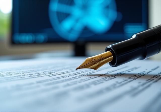 Close up of a legal document with a stylized satellite schematics in the background