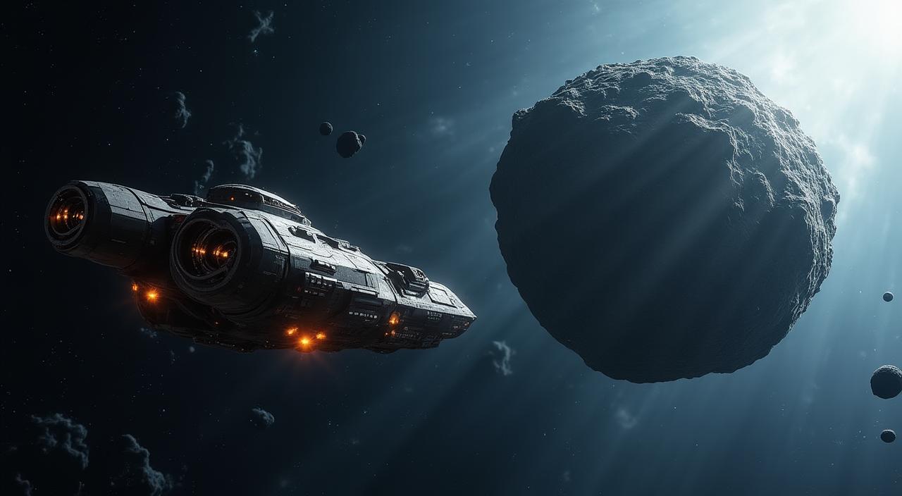 Artistic representation of a mining vessel approaching a resource-rich asteroid with blueprints overlaid